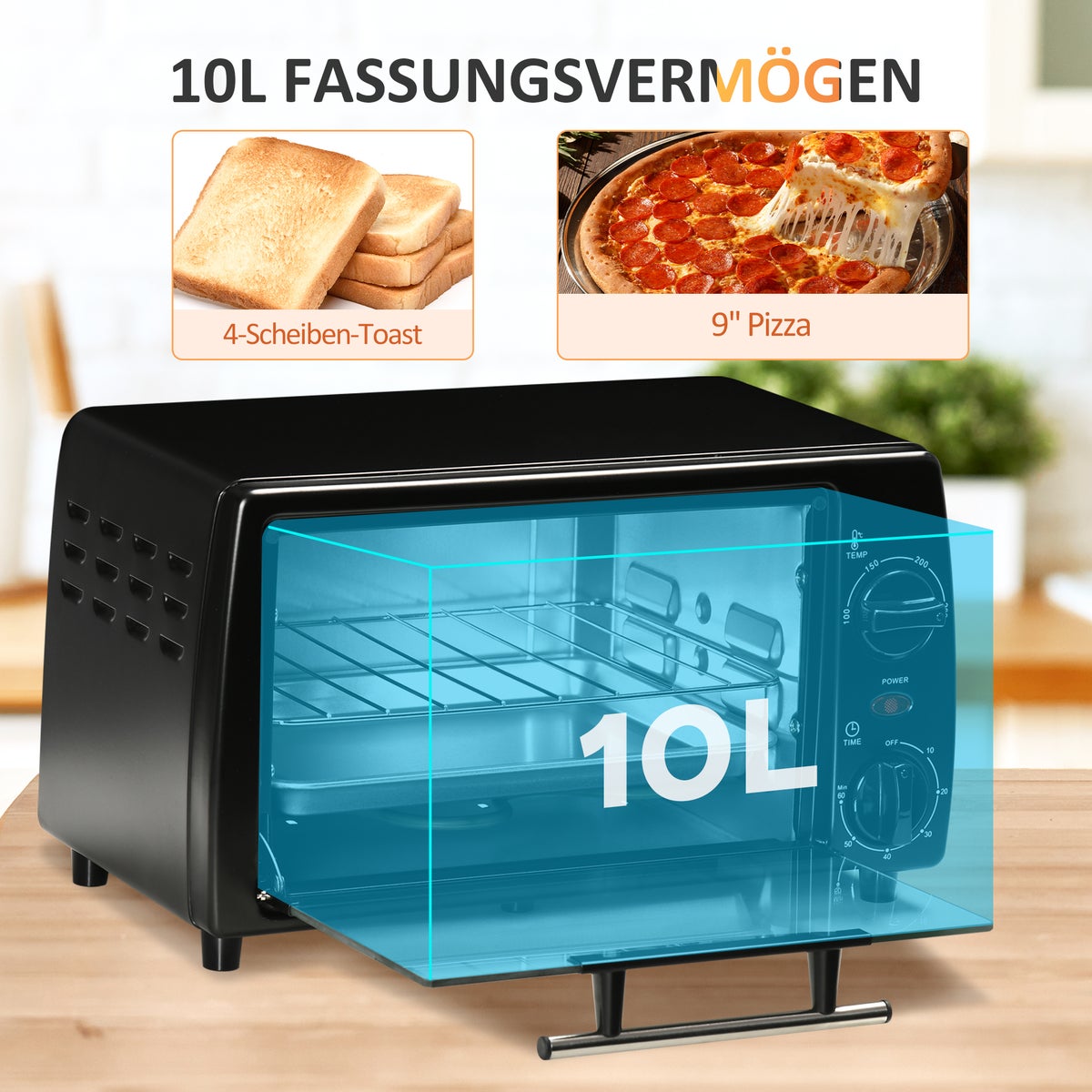 HOMCOM Mini Oven, 10 Liter, 750W, met temperatuur tot 230 ℃, 60 minuten timer, 36,5x26x22 cm, metaal, zwart