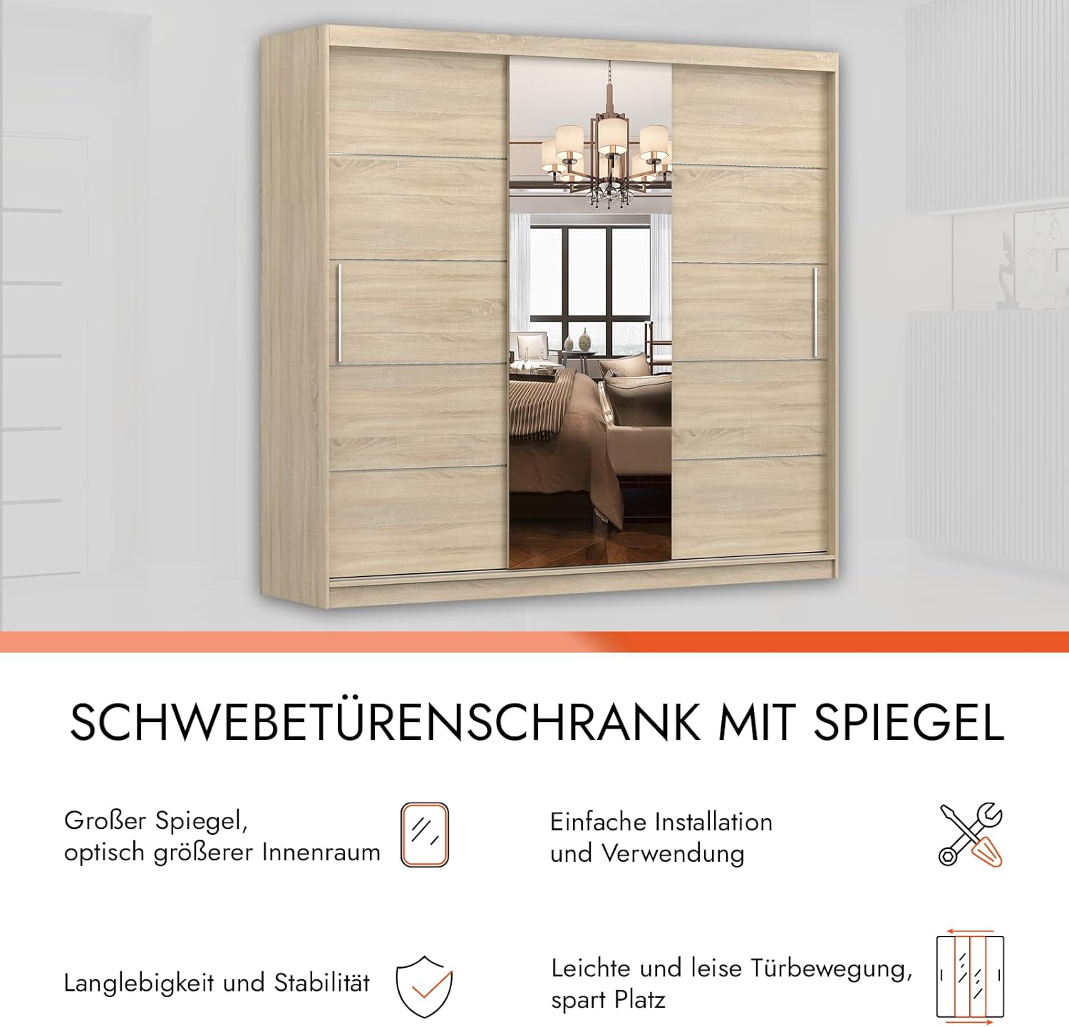 Fabryka Mebli Idźczak Kleiderschrank mit Spiegel, Schiebetüren - Schwebetürenschrank, Schlafzimmerschrank - 61 x 233 x 218 cm - Schrank für Schlafzimmer, Ankleidezimmer, Garderobe - Sonoma