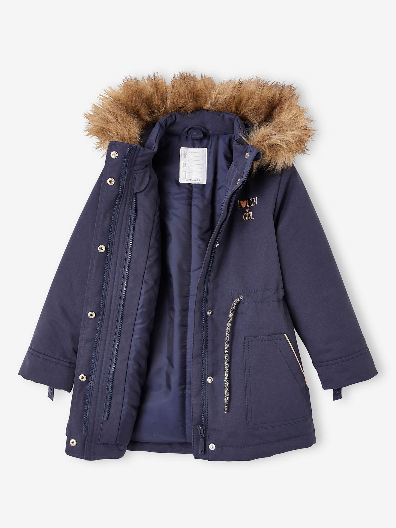 Parka com capuz 3 em 1, verde-escura lisa para meninas