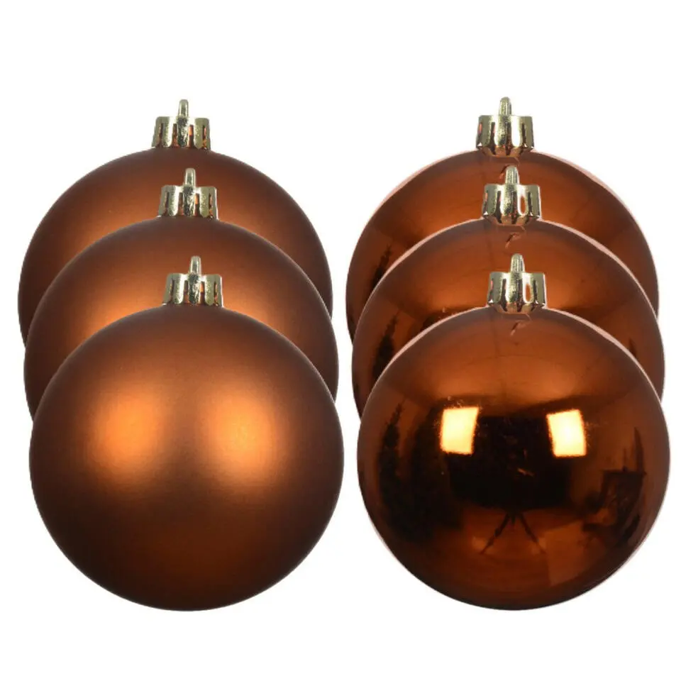 Decoris kerstballen - 6x st - 8 cm - koper/cognac bruin