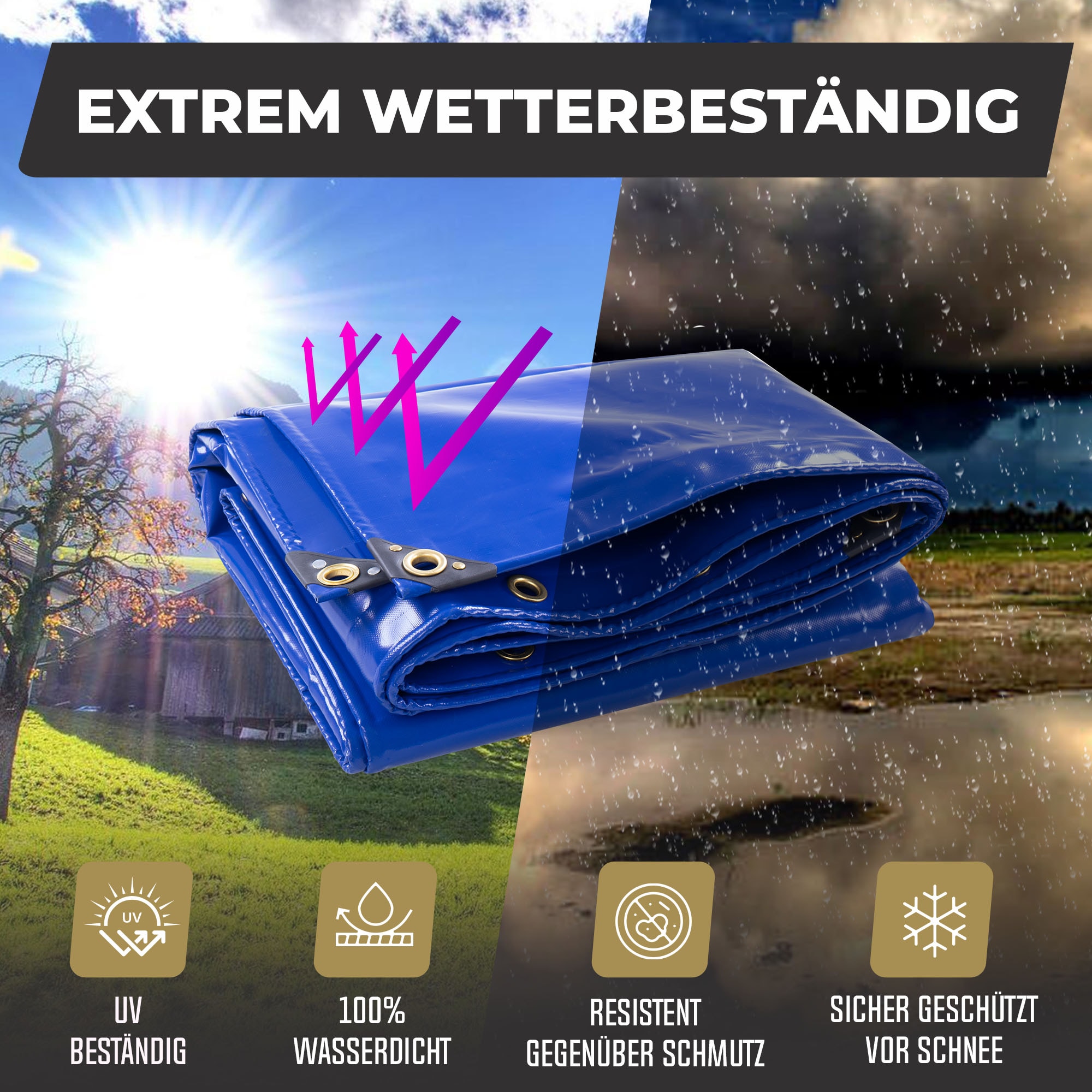 ROTFUCHS Premium Abdeckplane mit Ösen 300 x 400 cm, 12m² - 700 g/m² PVC RipStop-Gewebe Reißfest & Wasserdicht | Universell für Pool, LKW, Holz Gartenmöbel | Abdeckung, Gewebeplane | Blau 300 x 400 cm