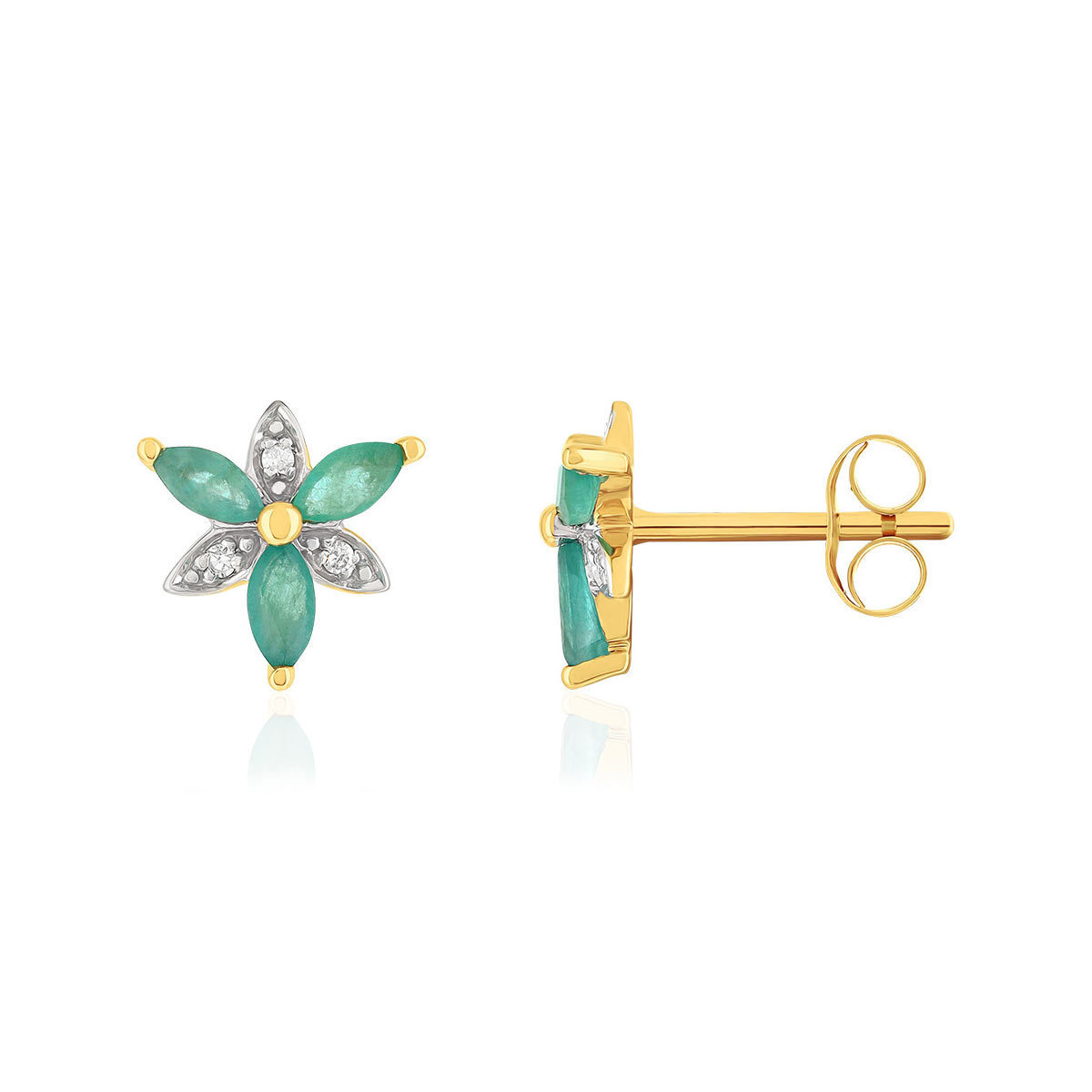 Boucles d'oreilles or 375 2tons fleur émeraudes et diamants
