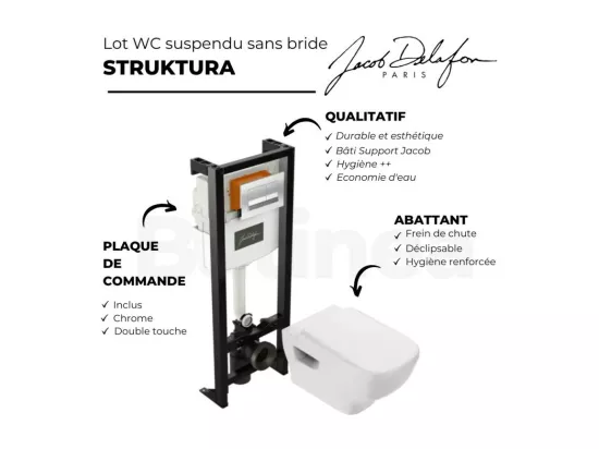 Pack WC suspendu sans bride JACOB DELAFON Struktura + abattant + plaque chromée + bâti + porte -balai et porte-rouleau
