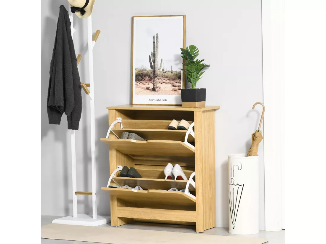 Armoire à chaussures 2 portes abattantes 2 compartiments panneaux particules aspect bois