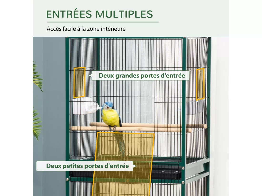 Grande cage à oiseaux sur pied à roulettes - volière double, mangeoires, perchoirs, plateau amovible - vert noir