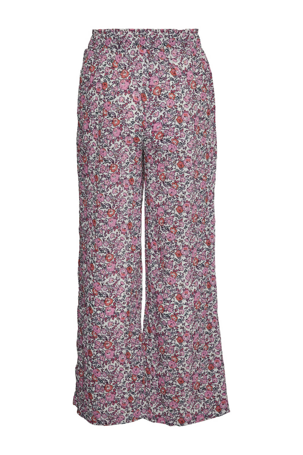 VERO MODA GIRL gebloemde wide leg broek VMTARA roze/oranje/wit