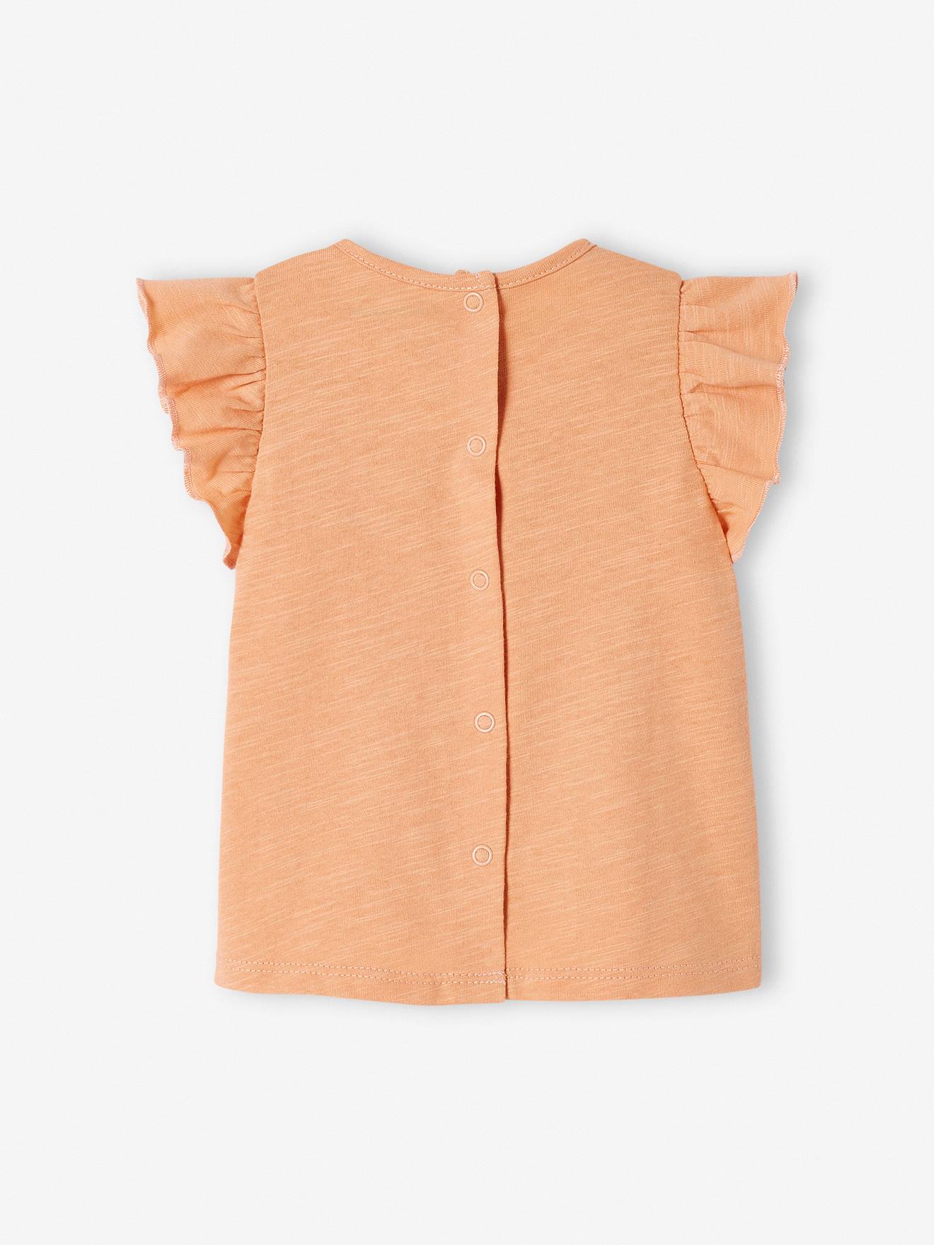 Camiseta laranja para bebê com mangas franzidas.