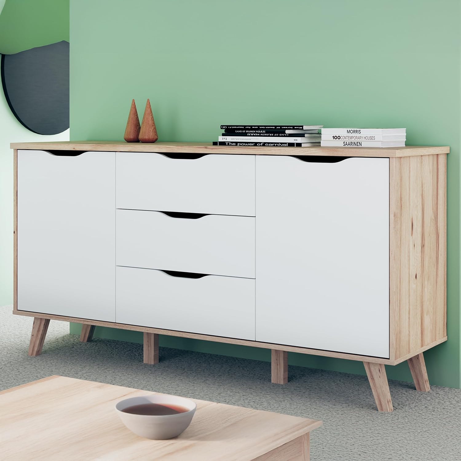 Forte VANKKA Kommode 150, Moderne Kommode mit 3 Schubladen und 2 Türen, Holzwerkstoff, Planked EicheDekor/Weiß, 149,4 cm breit, 76,7 cm hoch, 42 cm tief