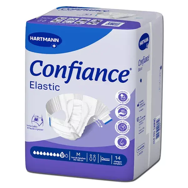 Fraldas Hartmann Confiance Elastic 9 Drops Tamanho M, pacote com 14 unidades.