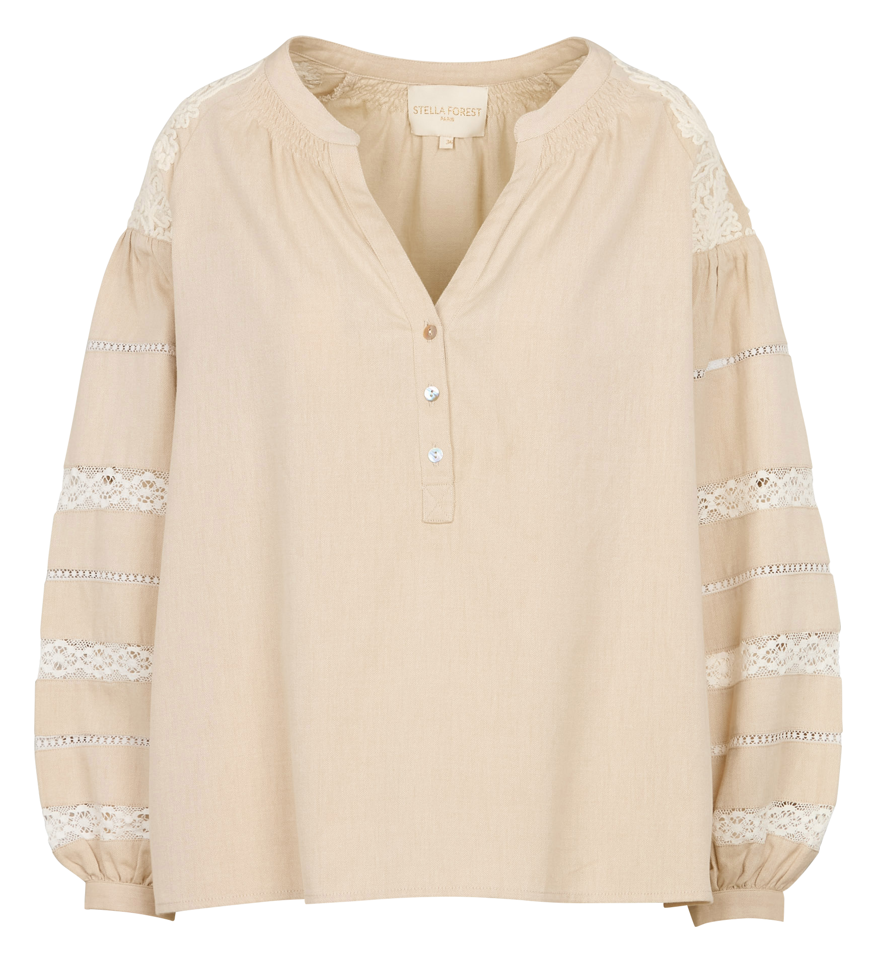 DEOTILLE - Blouse ample col tunisien en coton | Beige