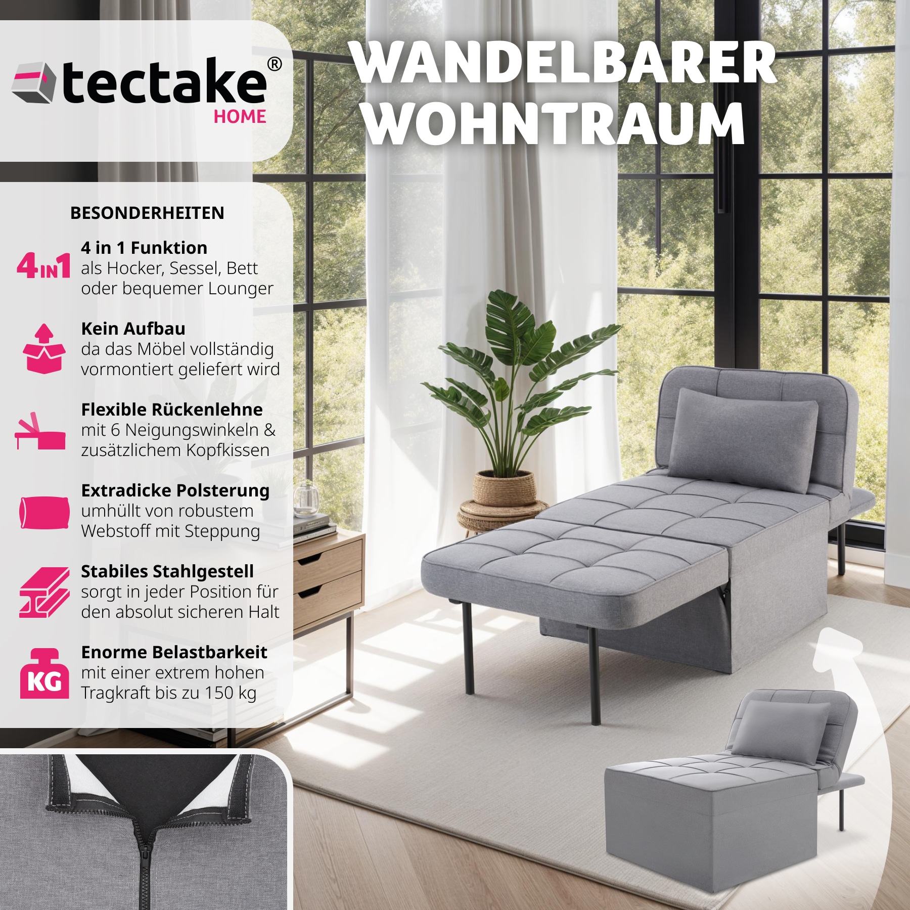 tectake® Schlafhocker, 4 in 1 als Hocker, Sessel, Lounger oder Bett, stabiles Stahlgestell, Belastbarkeit 150 kg