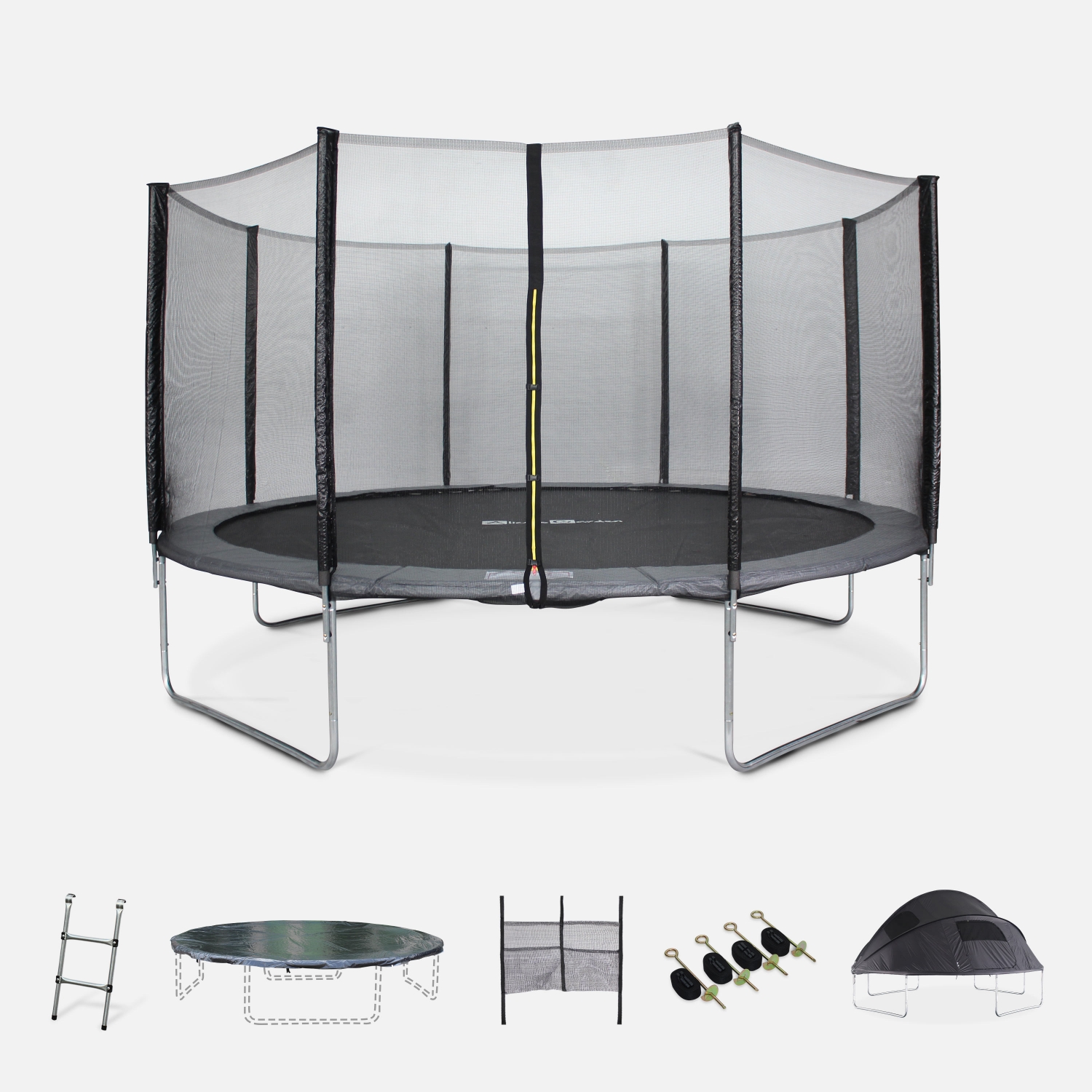 Trampoline 430cm gris avec pack d'accessoires + tente de camping avec sac de transport