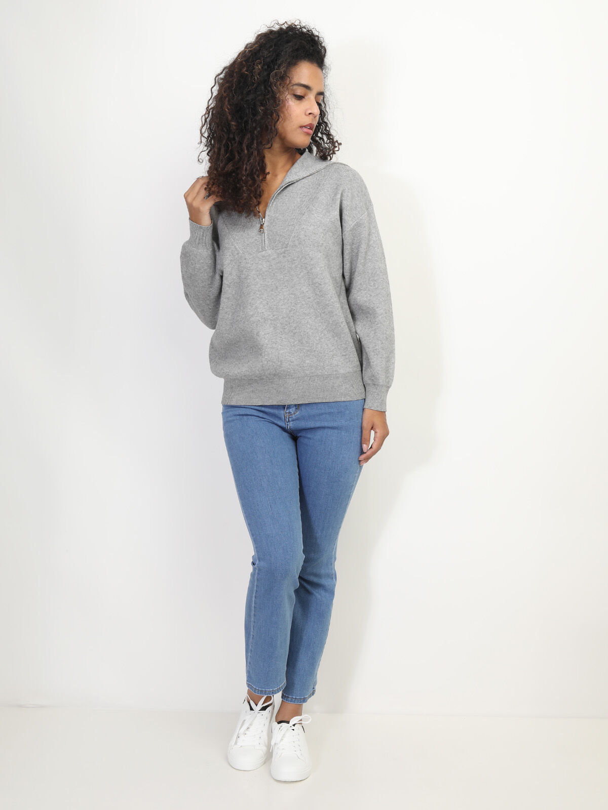 Pull à col montant zippé- Gris