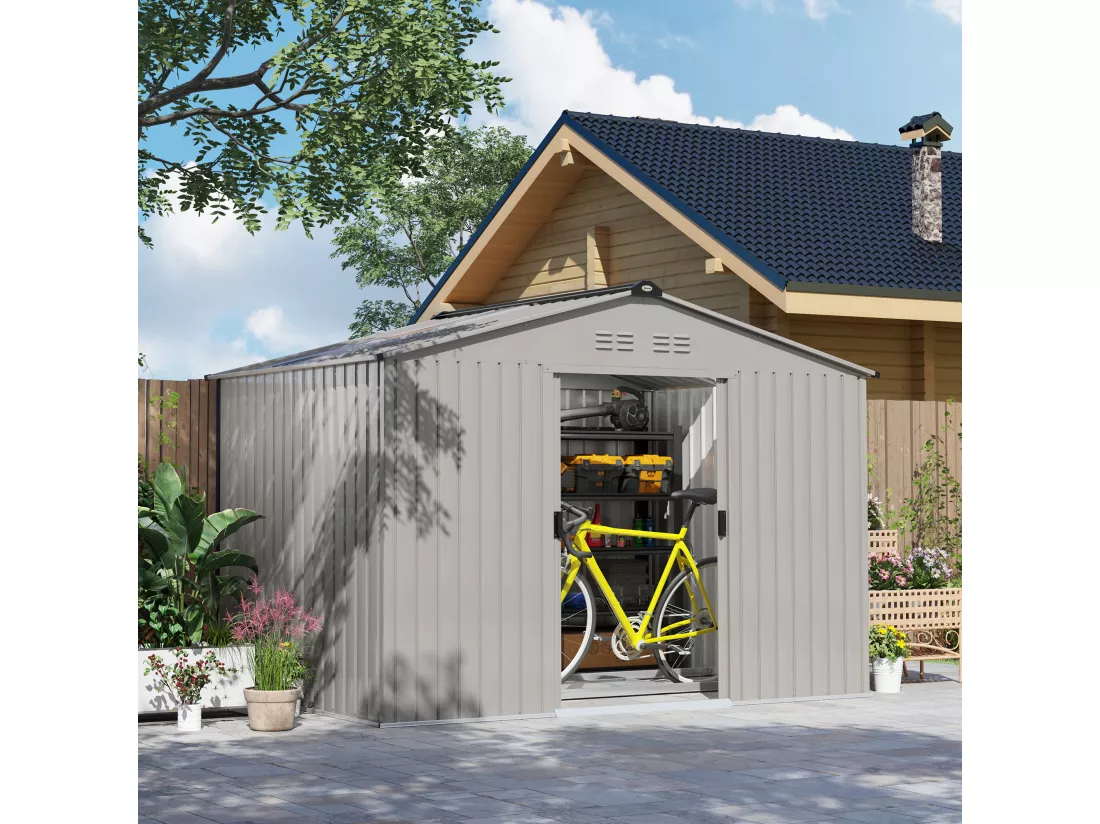 Abri de jardin 5,4 m² - cabanon double porte coulissante - fondation incluse - 277 x 195 x 192 cm - tôle d'acier ondulée gris