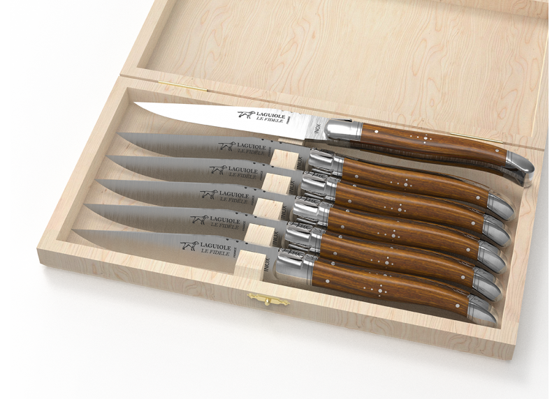 Service de 6 couteaux Laguiole avec un manche en bois de gaïac et mitres en acier inoxydable