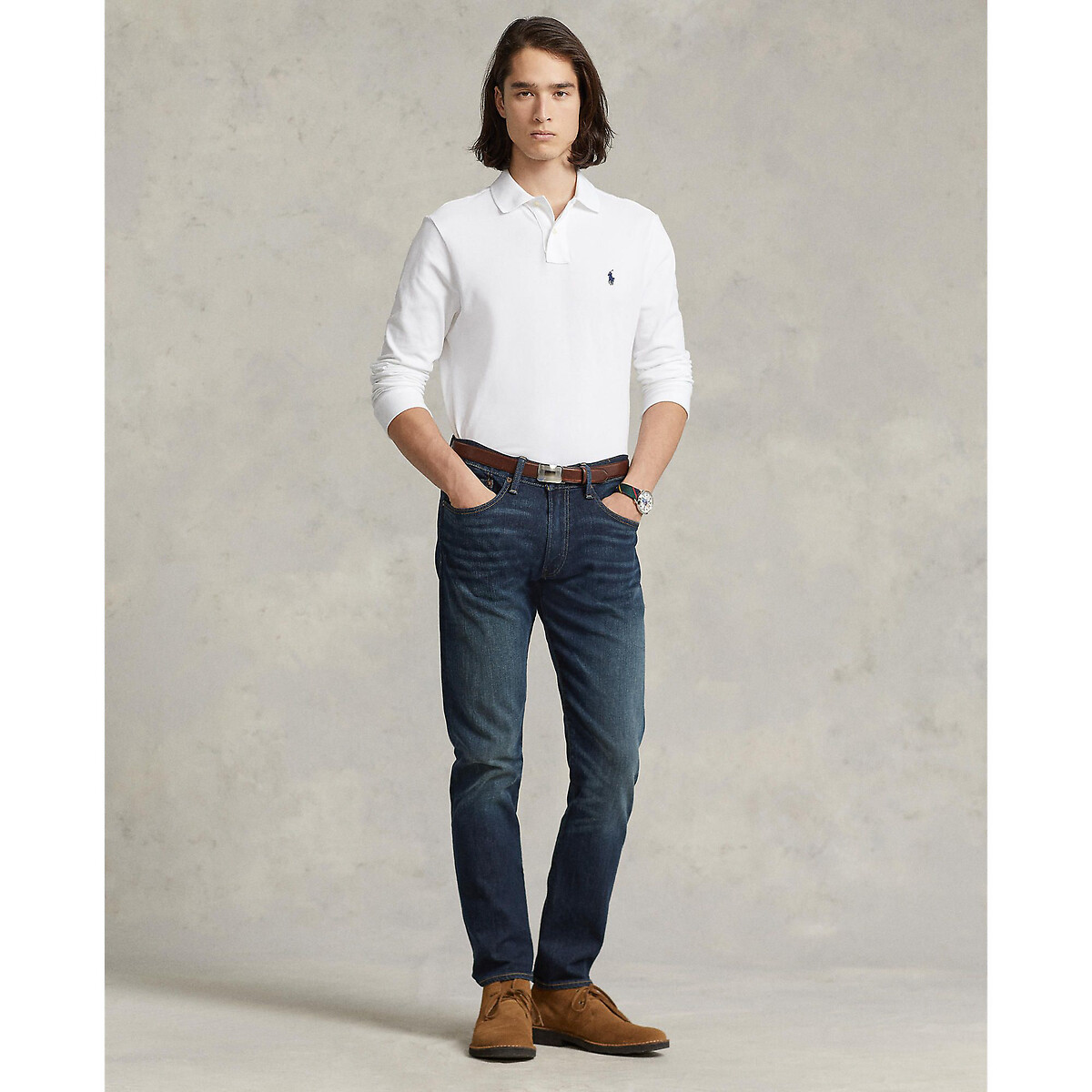 POLO RALPH LAUREN<br>Polo de manga comprida com corte justo em piqué