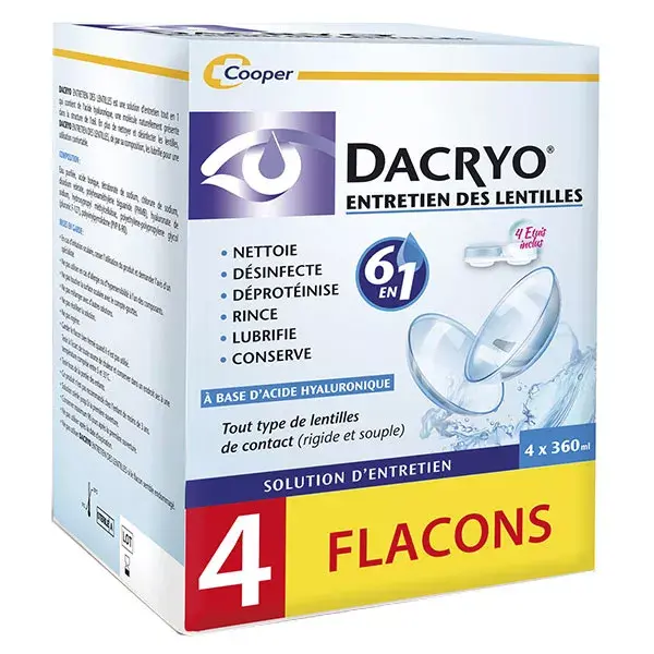 Solução para lentes de contato Dacryo 6 em 1: Limpa e desinfeta, pacote com 4 unidades de 360ml
