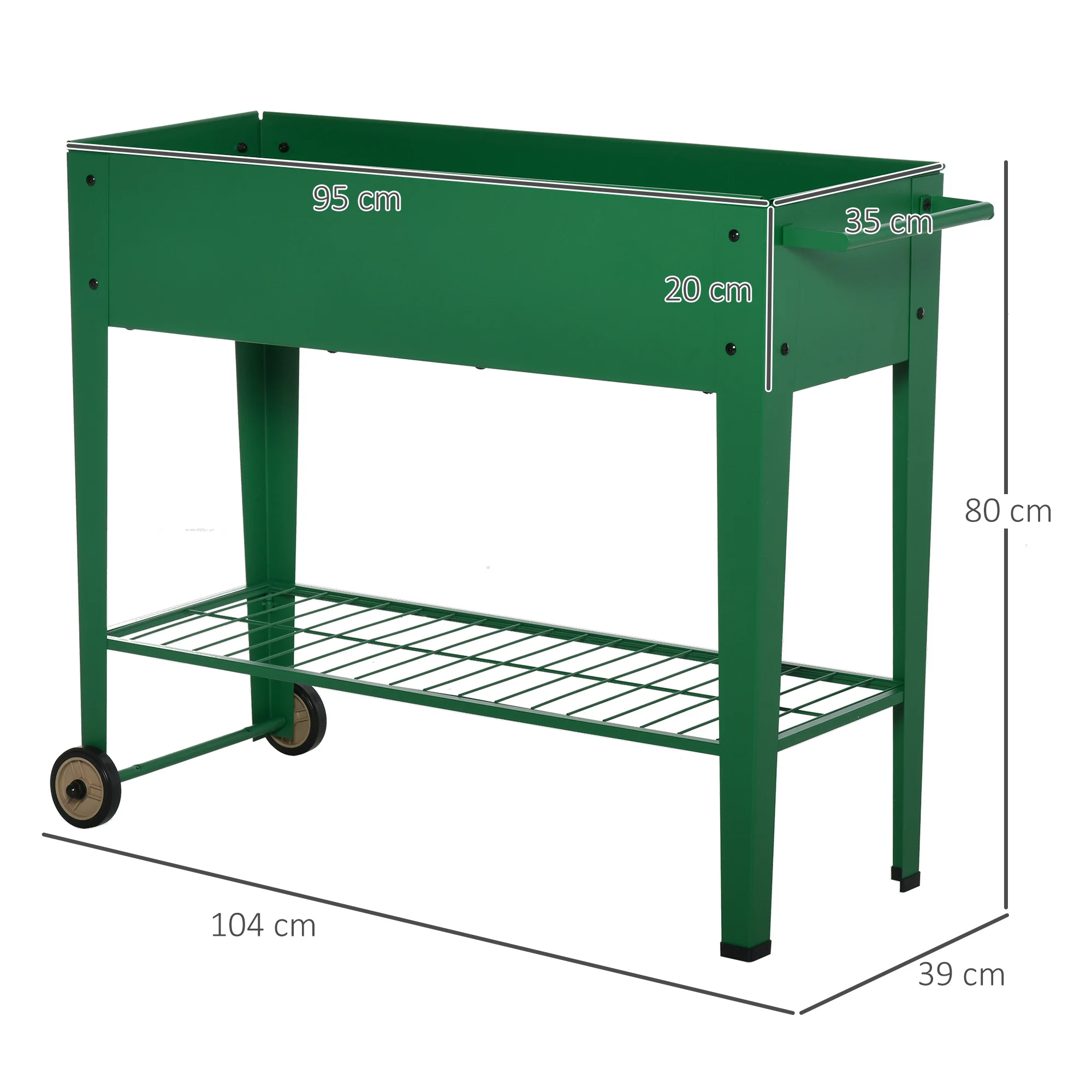Canteiro elevado de metal Outsunny Urban Garden com rodas, alça lateral e prateleira inferior para cultivo de plantas, vegetais e flores, 104x39x80 cm, verde.