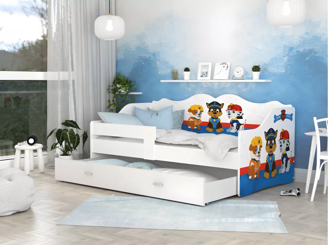Lit Banquette Neli Pat Patrouille 80x160 Blanc Livré avec sommiers, tiroir et matelas en mousse de 7cm