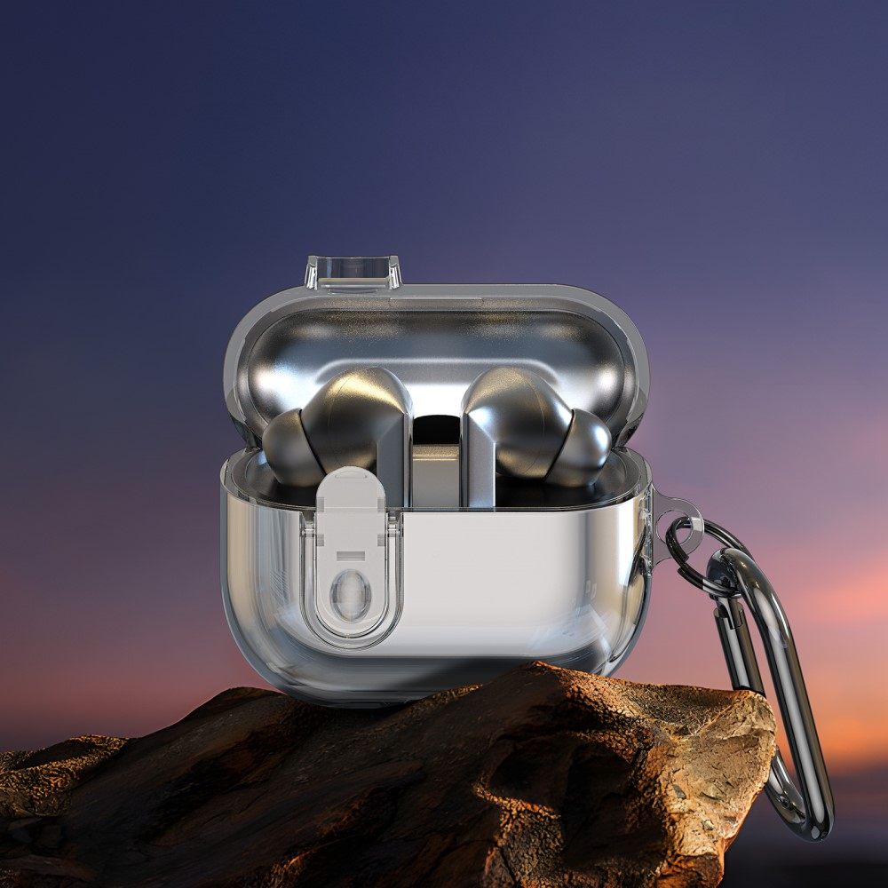 Samsung Galaxy Buds 3 / Buds 3 Pro Hybrid Hardcase Schutzhülle mit Verschluss   Karabinerhaken - Grau / Transparent