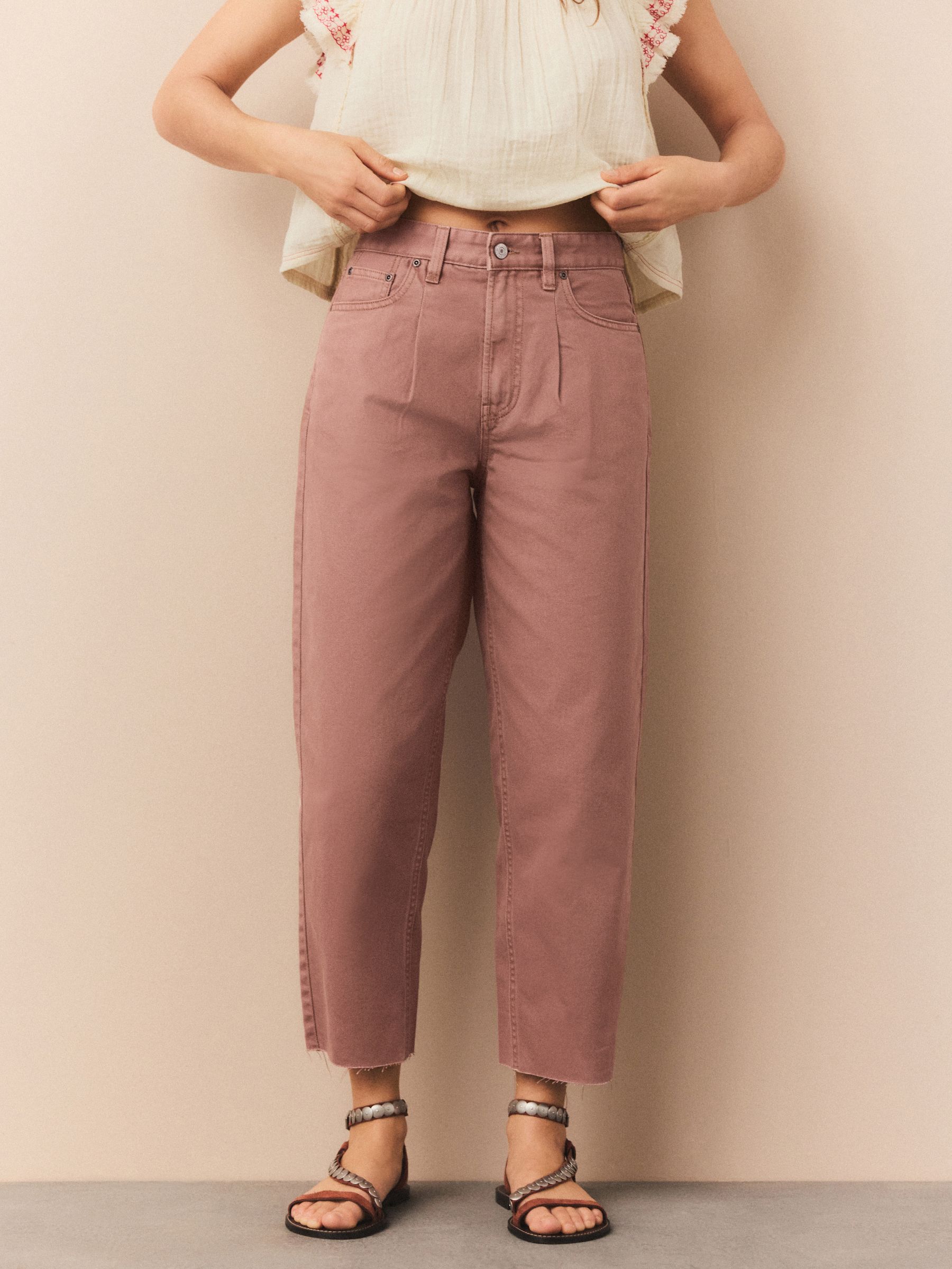 Framboosroze - Cropped Barrel jeans met ronde pijpen