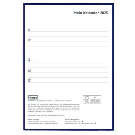 Idena Buchkalender A5 Basic blau FSC-Mix, 2023