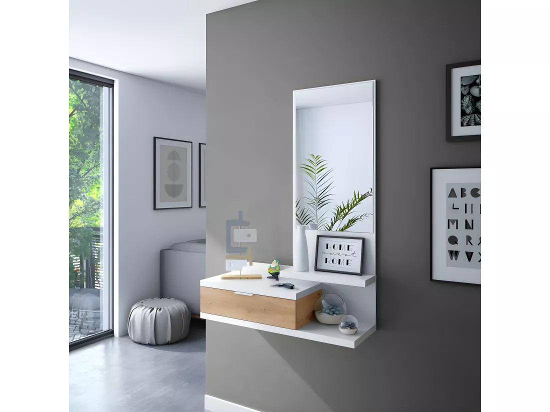 Meuble d'entrée + miroir Blanc/Chêne - IROLA - L 81 x l 29 x H 116 cm