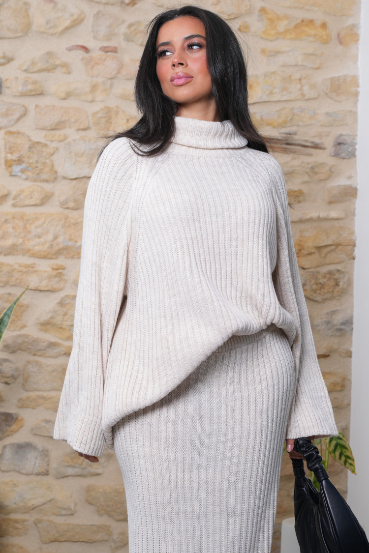 Ensemble 2 pièces pull + jupe en maille beige