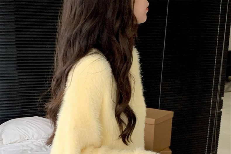 Honey River - V-hals effen, pluizige oversized trui