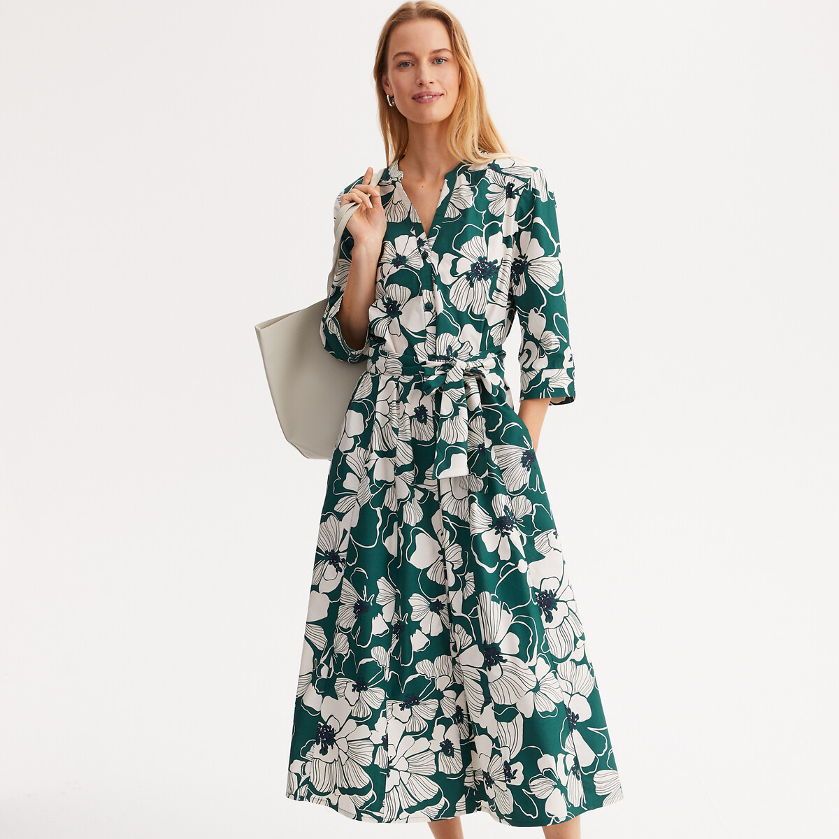 ANNE WEYBURN<br>Vestido longo e evasê com estampa e mangas 3/4