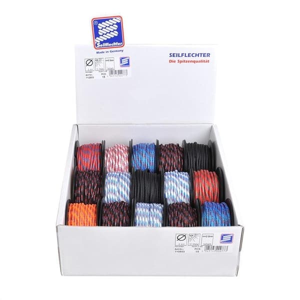 Minicord polyester. 3 mm. 10m flettet. assortert. 380 daN