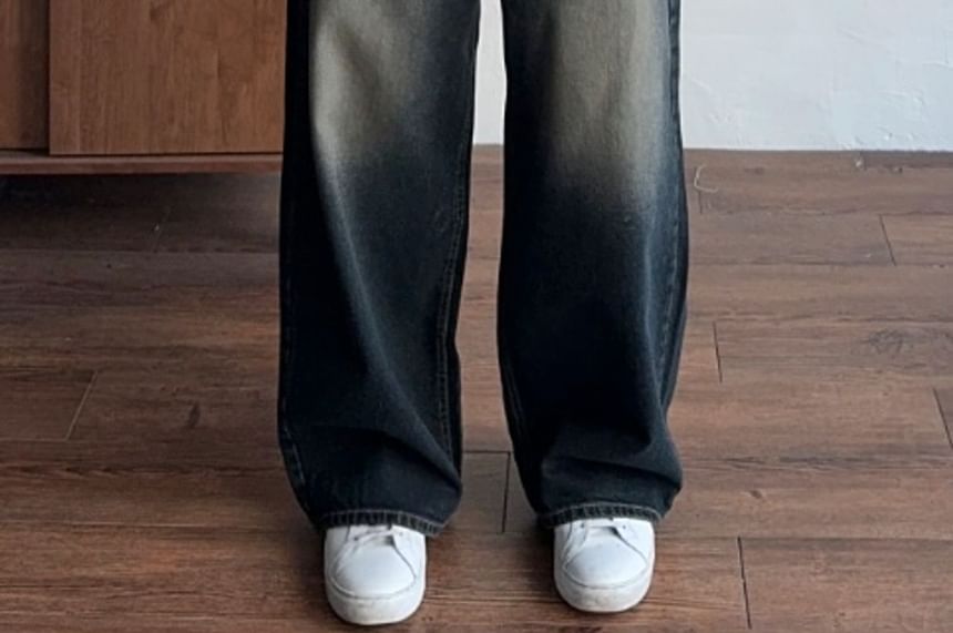 SeoulPop - Mid Waist Washed Straight Leg Jeans