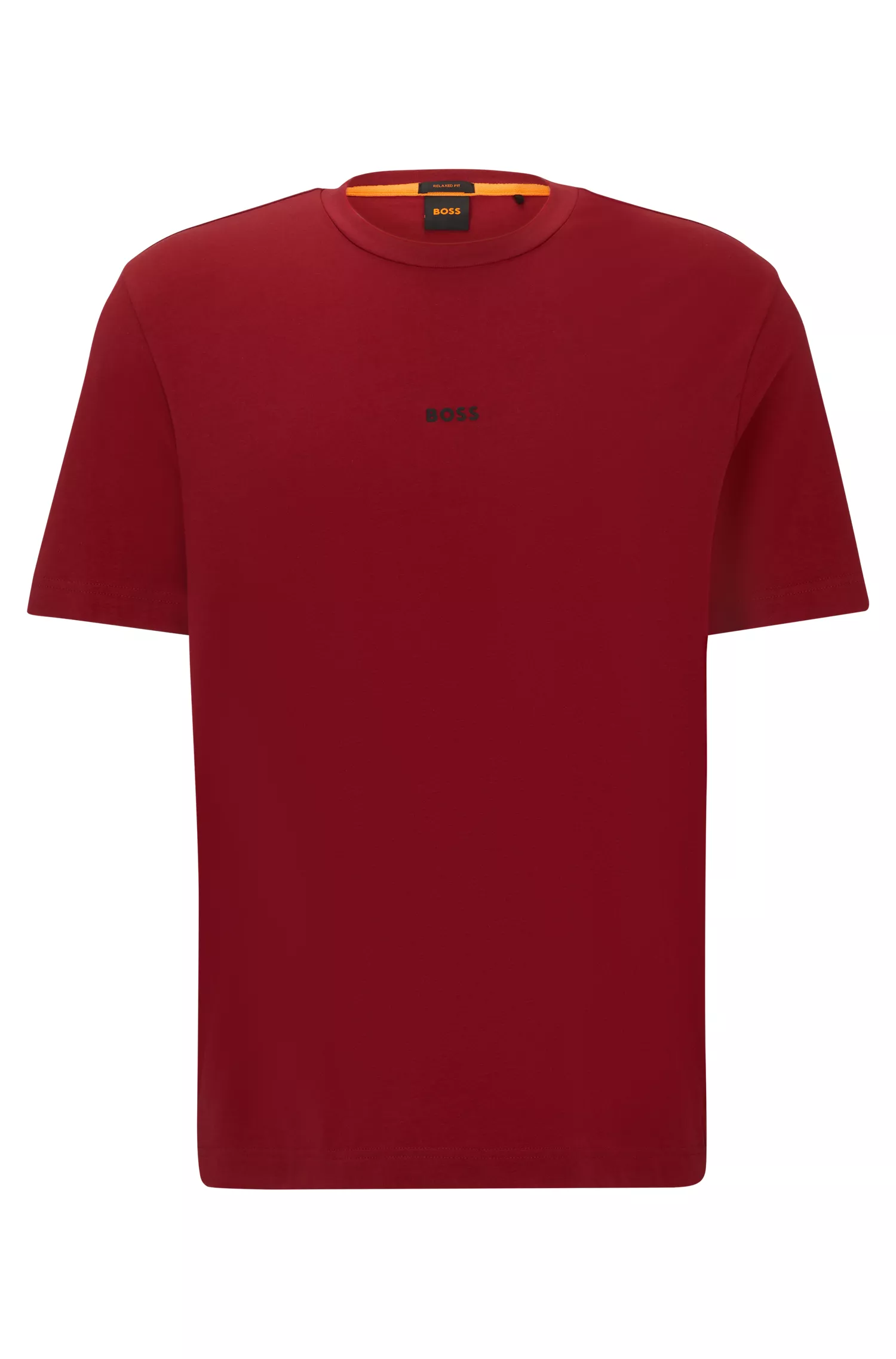 Camiseta BOSS laranja, modelagem relaxada, em algodão stretch com estampa do logo.