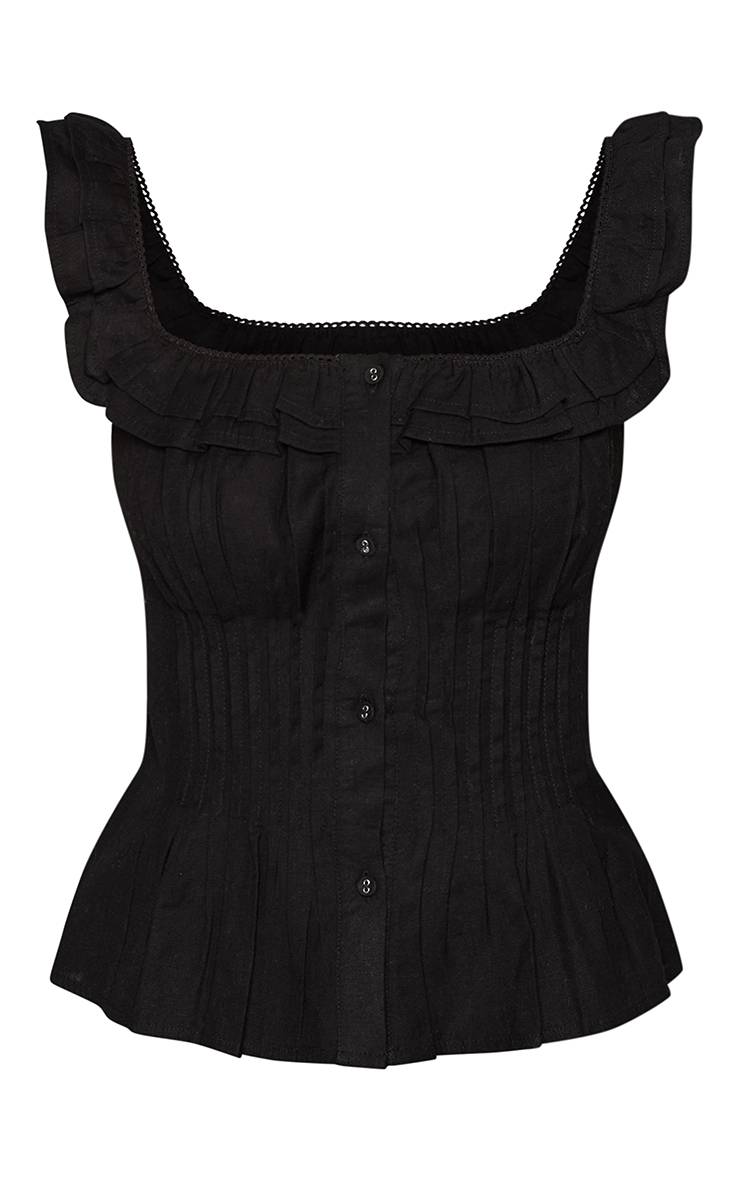 Noir Ensemble Top Plissé À Encolure Carrée À Volants En Coton Tall