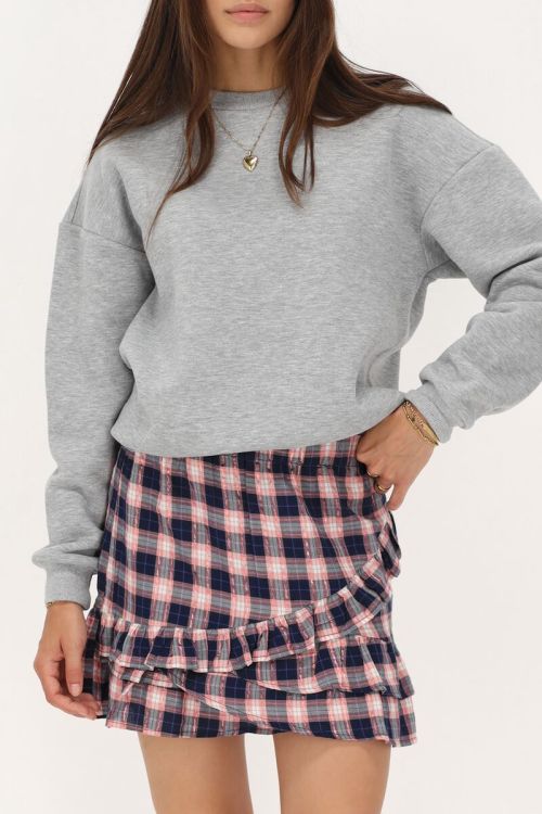 Donkerblauw rokje met roze ruitjes en lurex