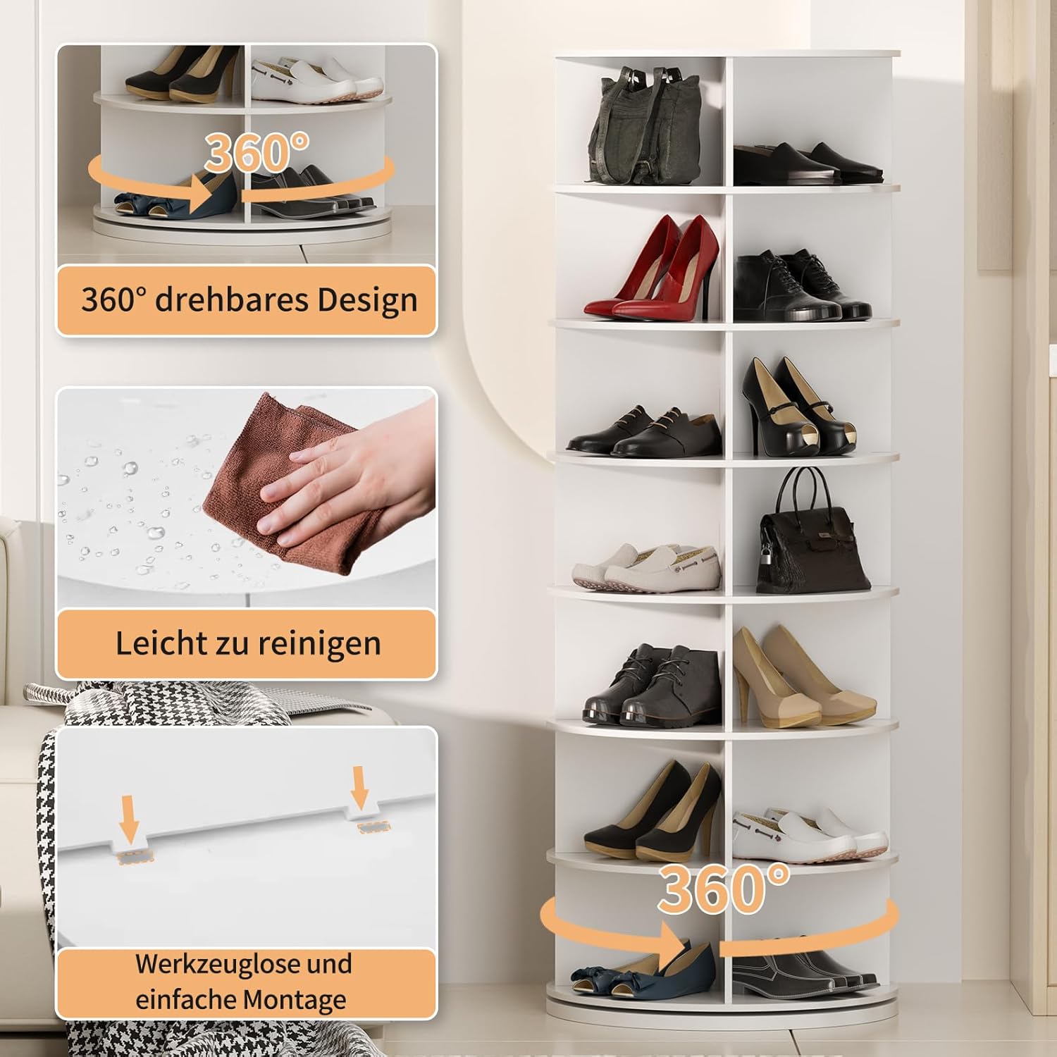 TWSOUL Drehbares Schuhregal mit 7 Ebenen, 360-Grad Drehbarer Schuhschrank Hoch Runder Schuhorganizer Schuhschrank-Organisation Weiß für Schuhe und Handtaschen