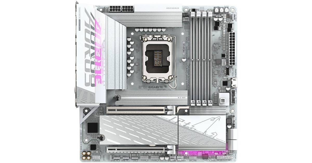 GIGABYTEB860M AORUS ELITE WIFI6E ICE socket 1851 moederbord  (Zilver/wit, RAID, 2.5Gb-LAN, Wi-Fi 7, BT, Sound, µATX)