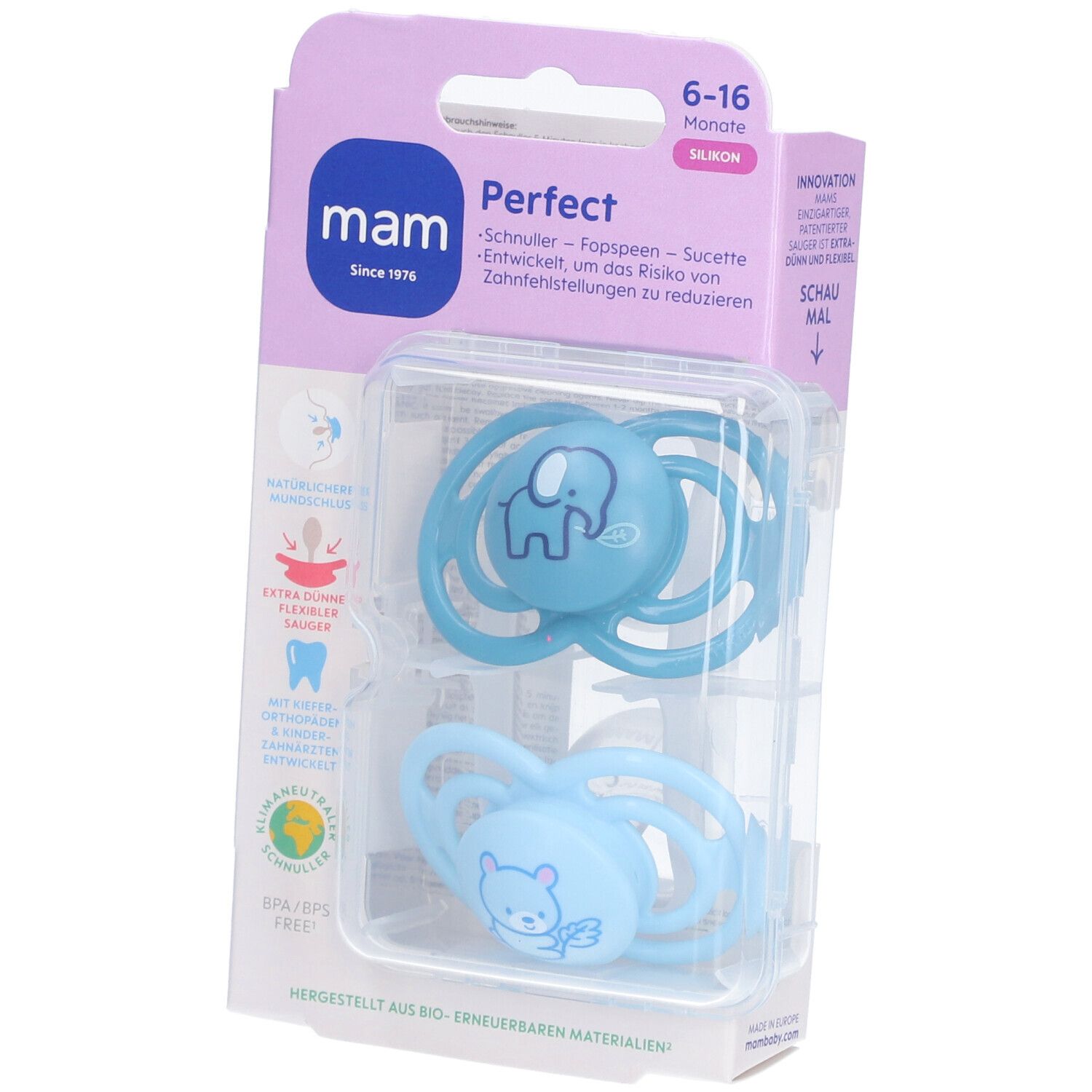 MAM Perfect Silikonschnuller 6-16 Monate, türkis/blau