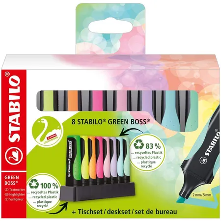 Umweltfreundlicher Textmarker - STABILO GREEN BOSS 8er Tischset - mit jeweils 4 verschiedenen Pastell- und Leuchtfarben