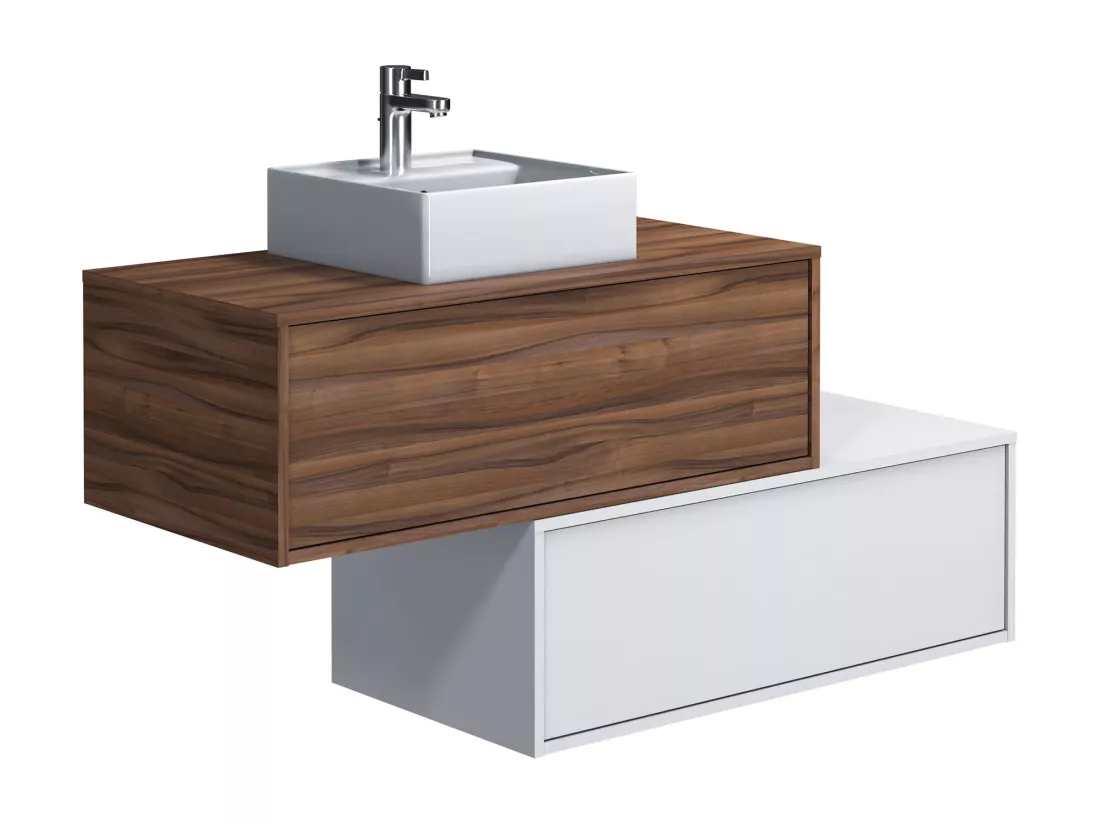 Meuble de salle de bain suspendu naturel foncé et blanc avec simple vasque carrée et deux tiroirs - 94 cm - TEANA II