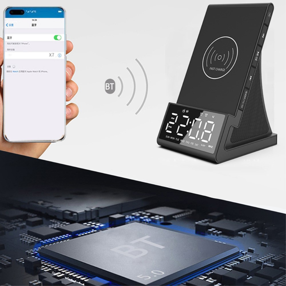 Digitaler LED Bluetooth 5.0 Wecker Tischuhr mit Qi Wireless Ladestation   Fernbedienung - Schwarz