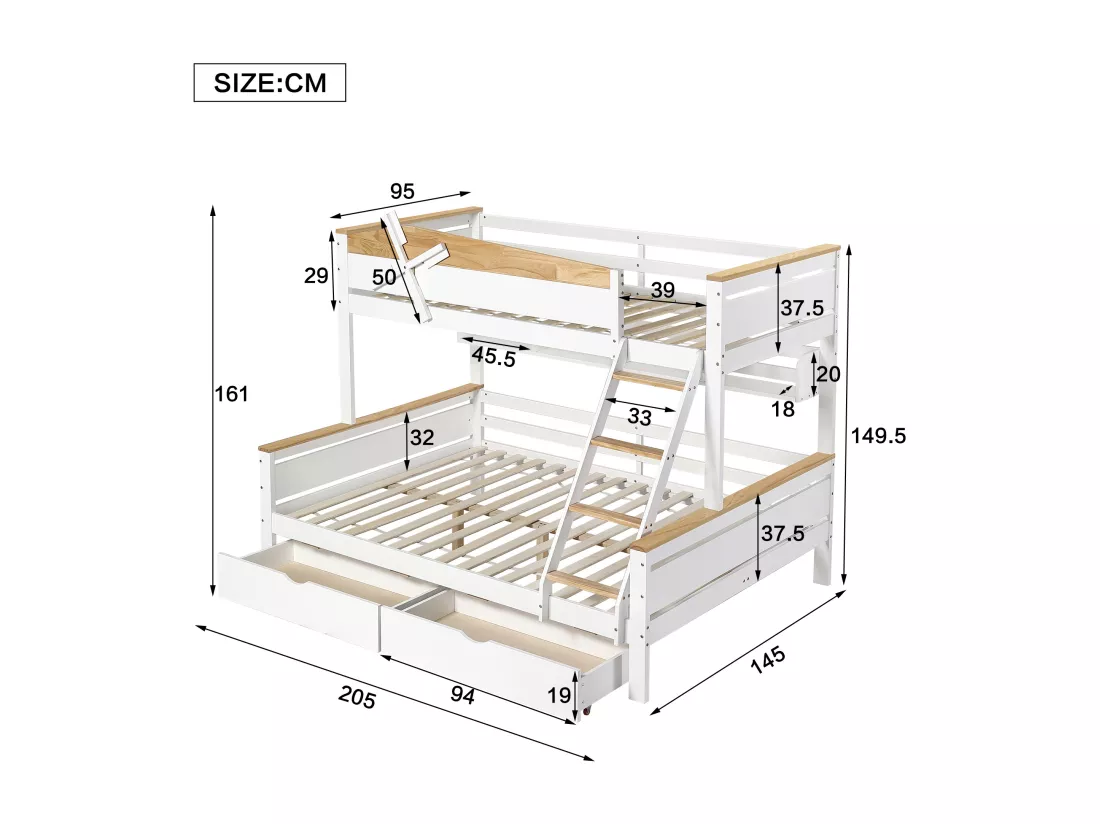 Lits superposés 2 x 90 x 200 cm + lit gigogne 90 x 190 cm - avec 2 grand tiroirs et tête de lit - pin + MDF - coloris: blanc + naturel
