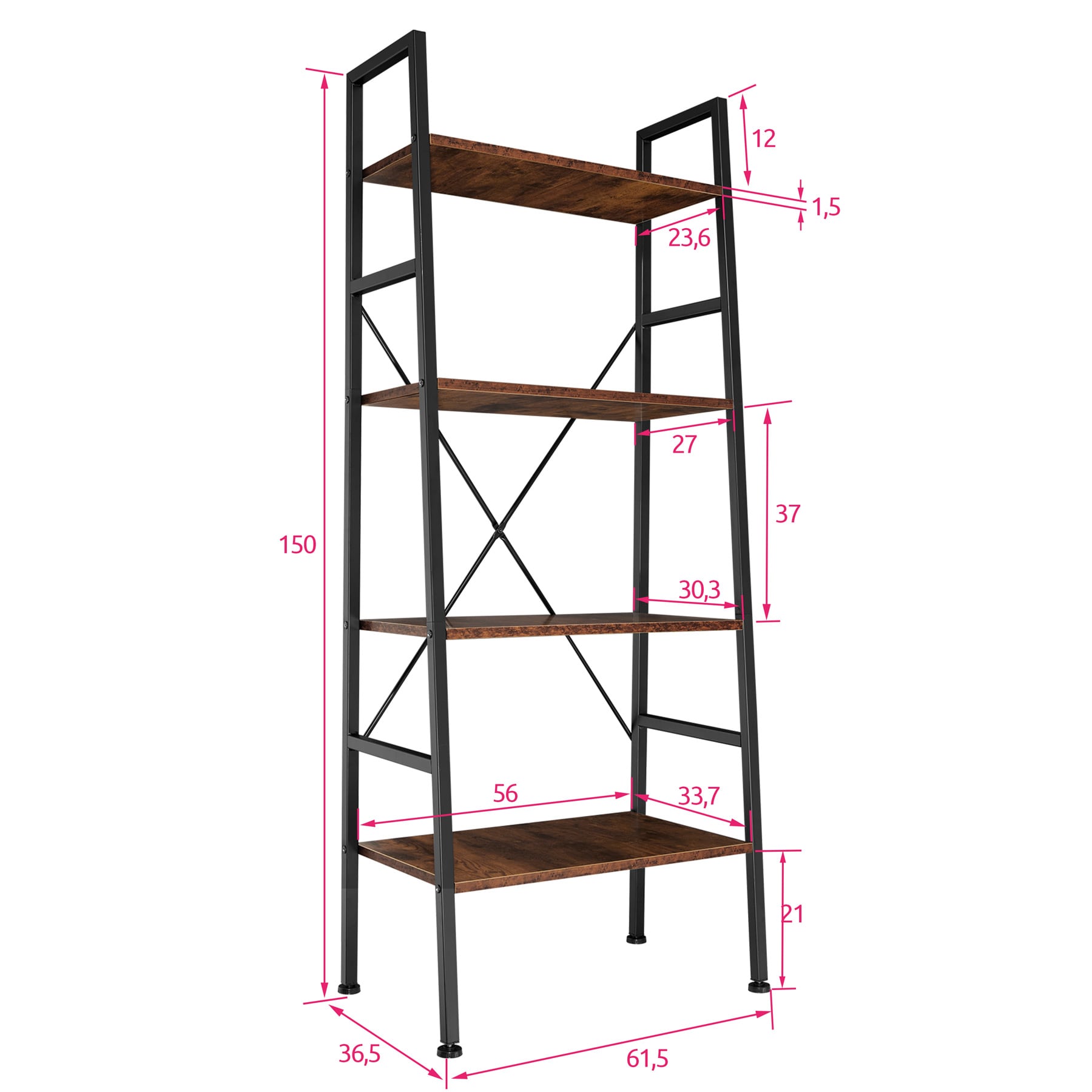 tectake® Leiterregal, Industrial Style, mit 4 Ebenen, inklusive Kippschutz, 61,5 x 36,5 x 150 cm