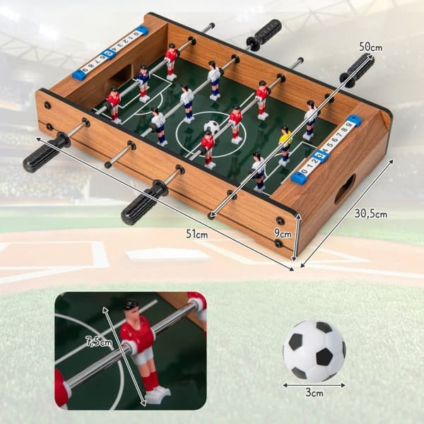 Minifotballbord for 2 spillere, plassbesparende fotballbord med robust håndtak, 51 x 30,5 x 9 cm, naturlig