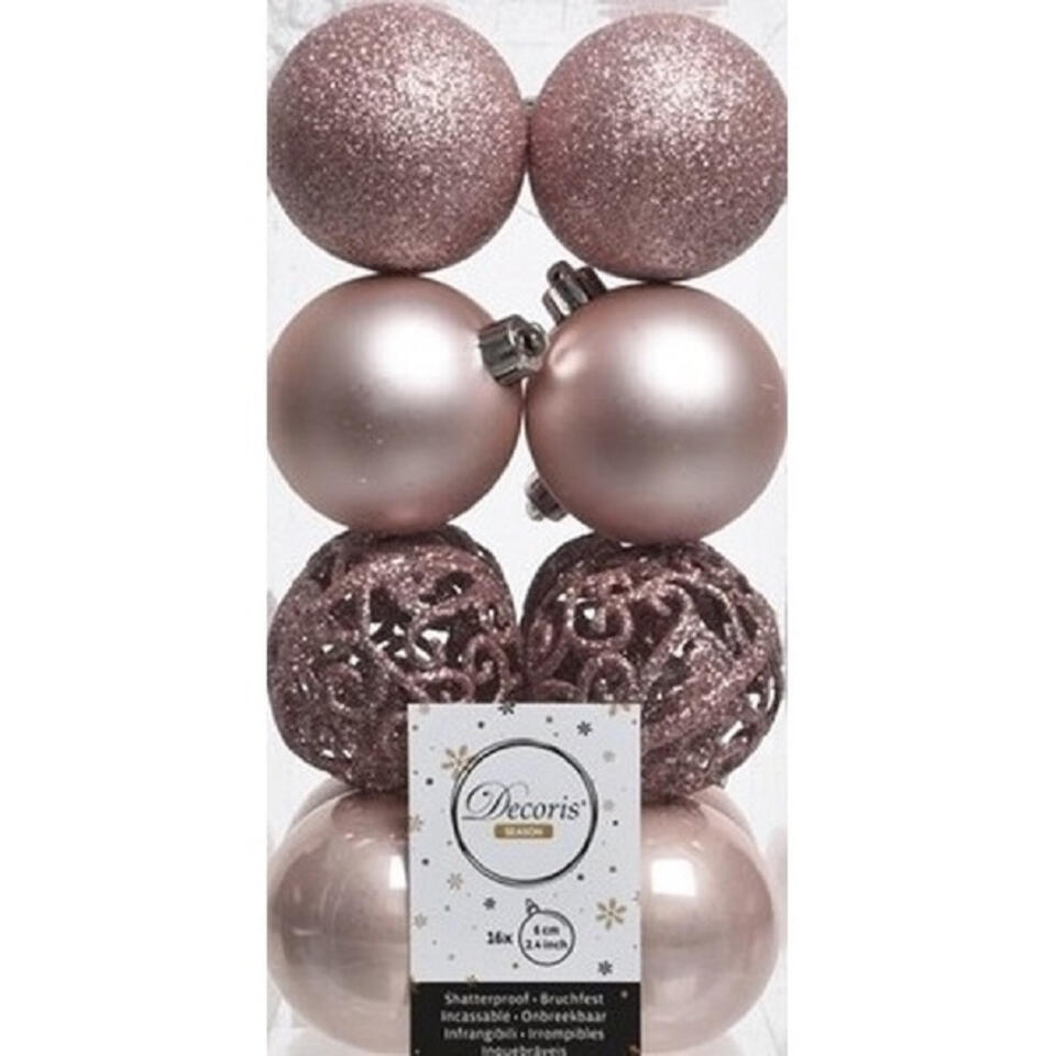 Decoris Kerstballen - 16x st - lichtroze - D6 cm - kunststof