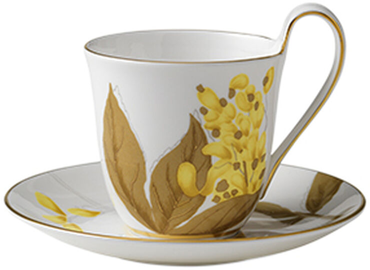 Royal Copenhagen Flora 27 cl. højhankskop med underkop - Guldregn Hvid, multi
