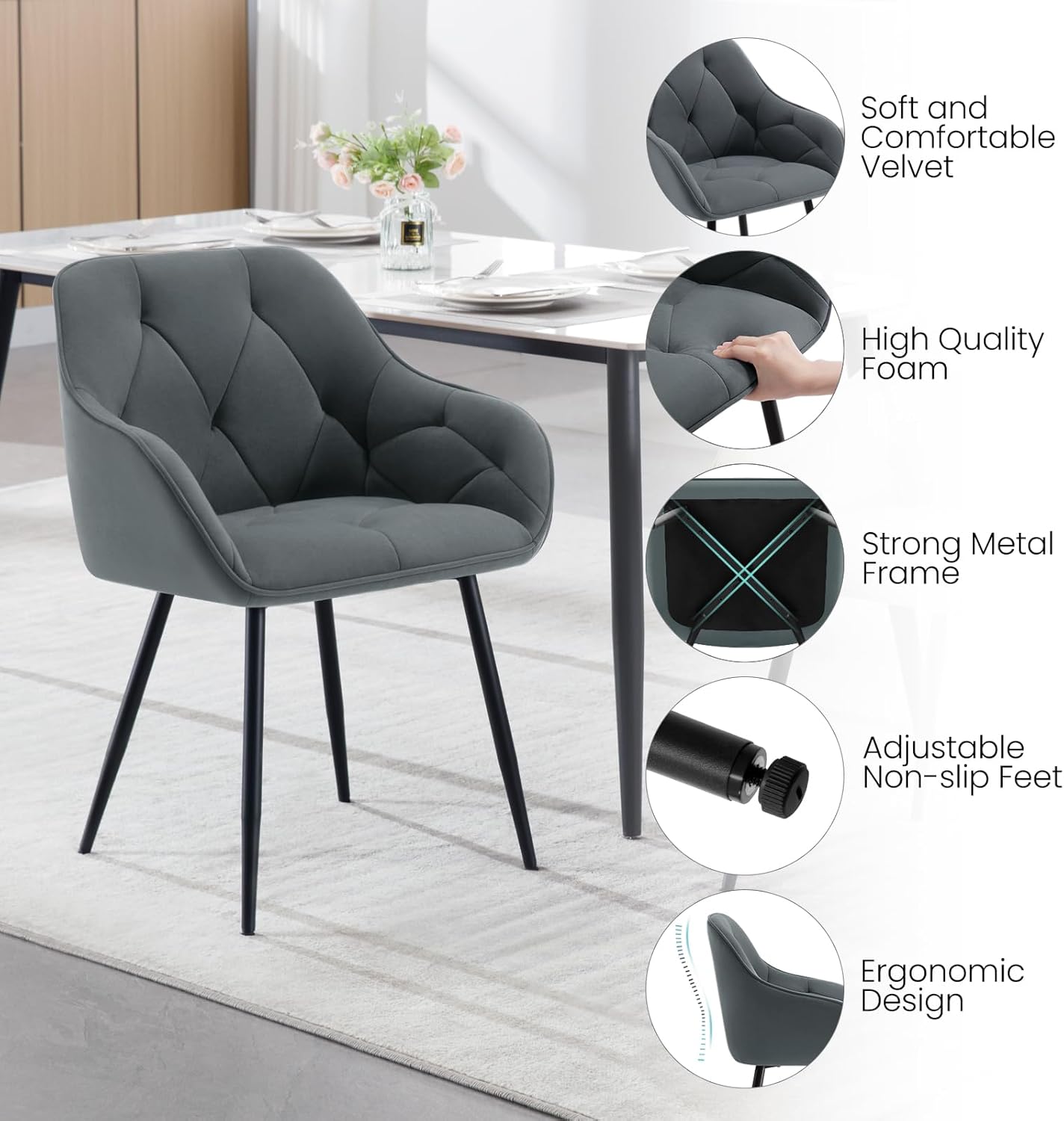WOLTU Esszimmerstühle 2er Set, für Esszimmer Wohnzimmer, ergonomische Küchenstühle gepolstert mit Armlehnen, Metallbeinen, Sitzfläche aus Samt, Dunkelgrau