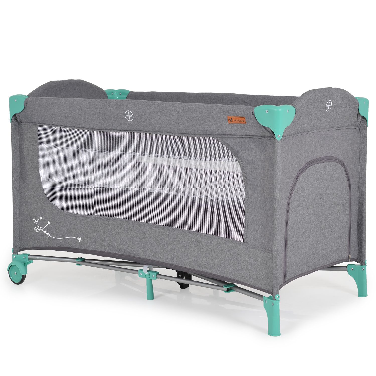 Cangaroo Reisebett Skyglow 2 Ebenen Räder Matratze Seiteneingang Tasche Bremsen grün