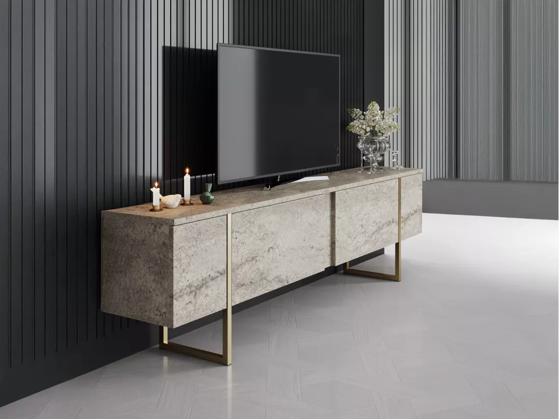 Meuble TV avec 2 portes - Effet travertin beige et doré - ZIRELDA