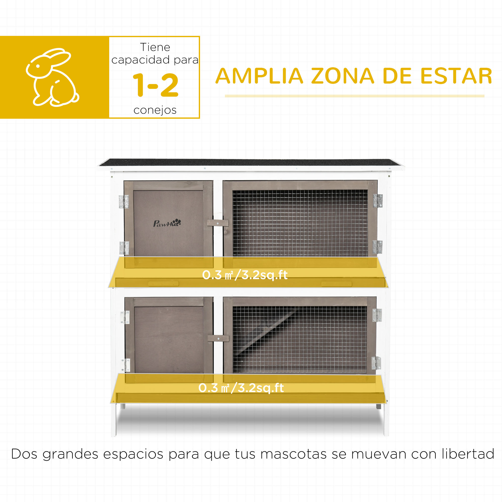 Gaiola de madeira PawHut para coelhos, com 2 andares, 100x47x91 cm, telhado de asfalto, portas com trava, bandejas removíveis e rampa para 2 coelhos, marrom.